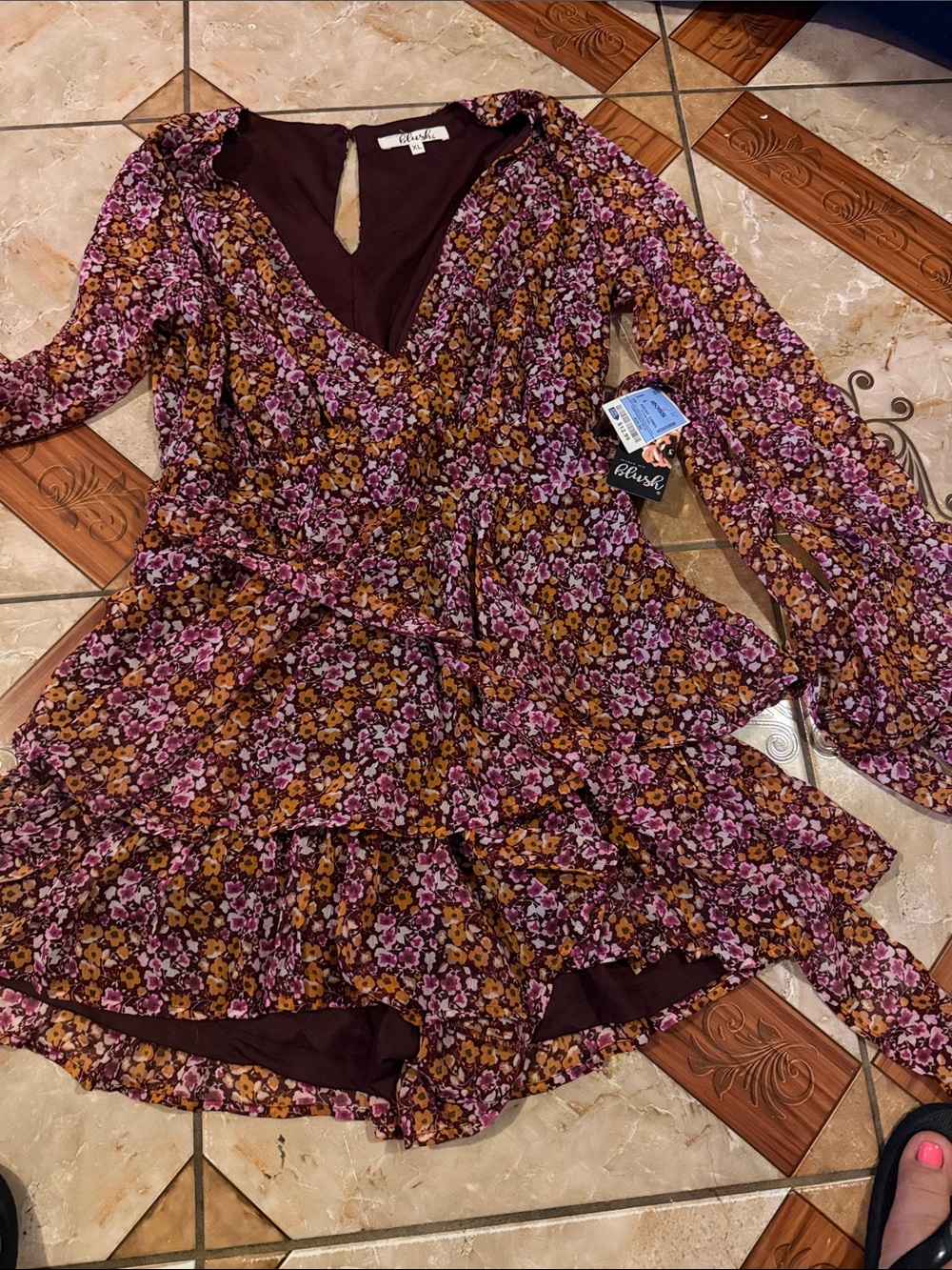 Aldo Floral Ruffle Tiered Romper in Purple & Mustard